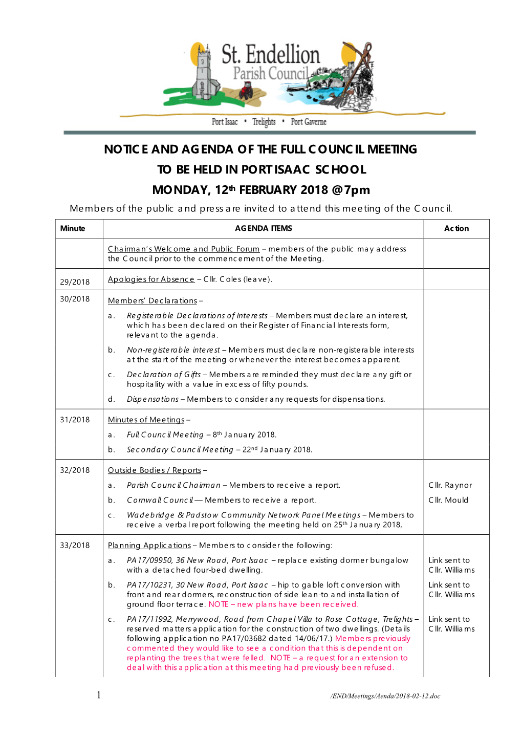 Notice and Agenda of the Full Council Meeting to Be Held