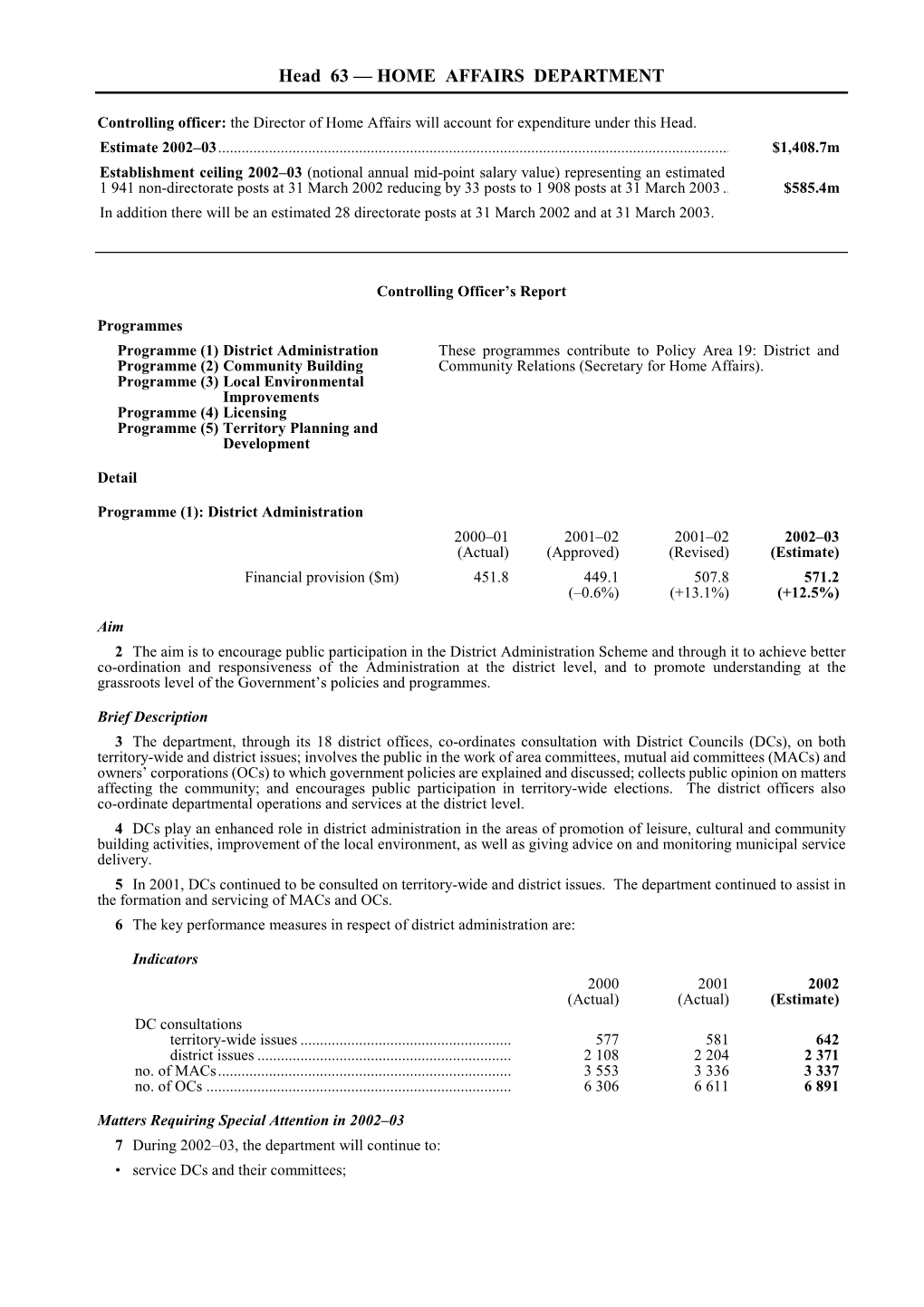 Head 63 — HOME AFFAIRS DEPARTMENT