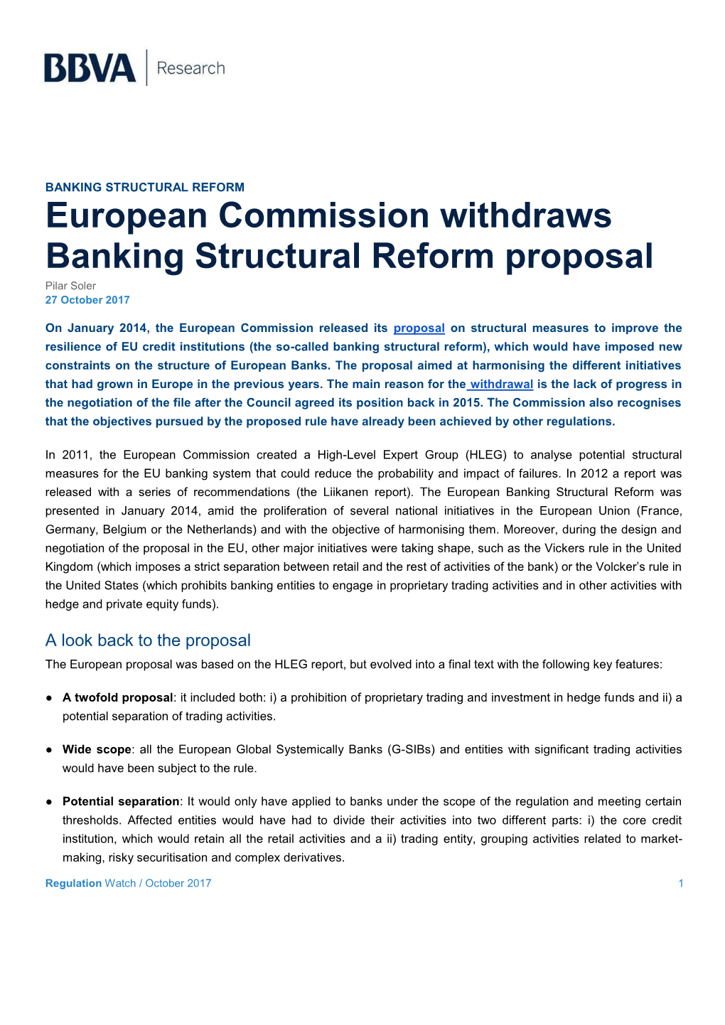 European Commission Withdraws Banking Structural Reform Proposal Pilar Soler 27 October 2017