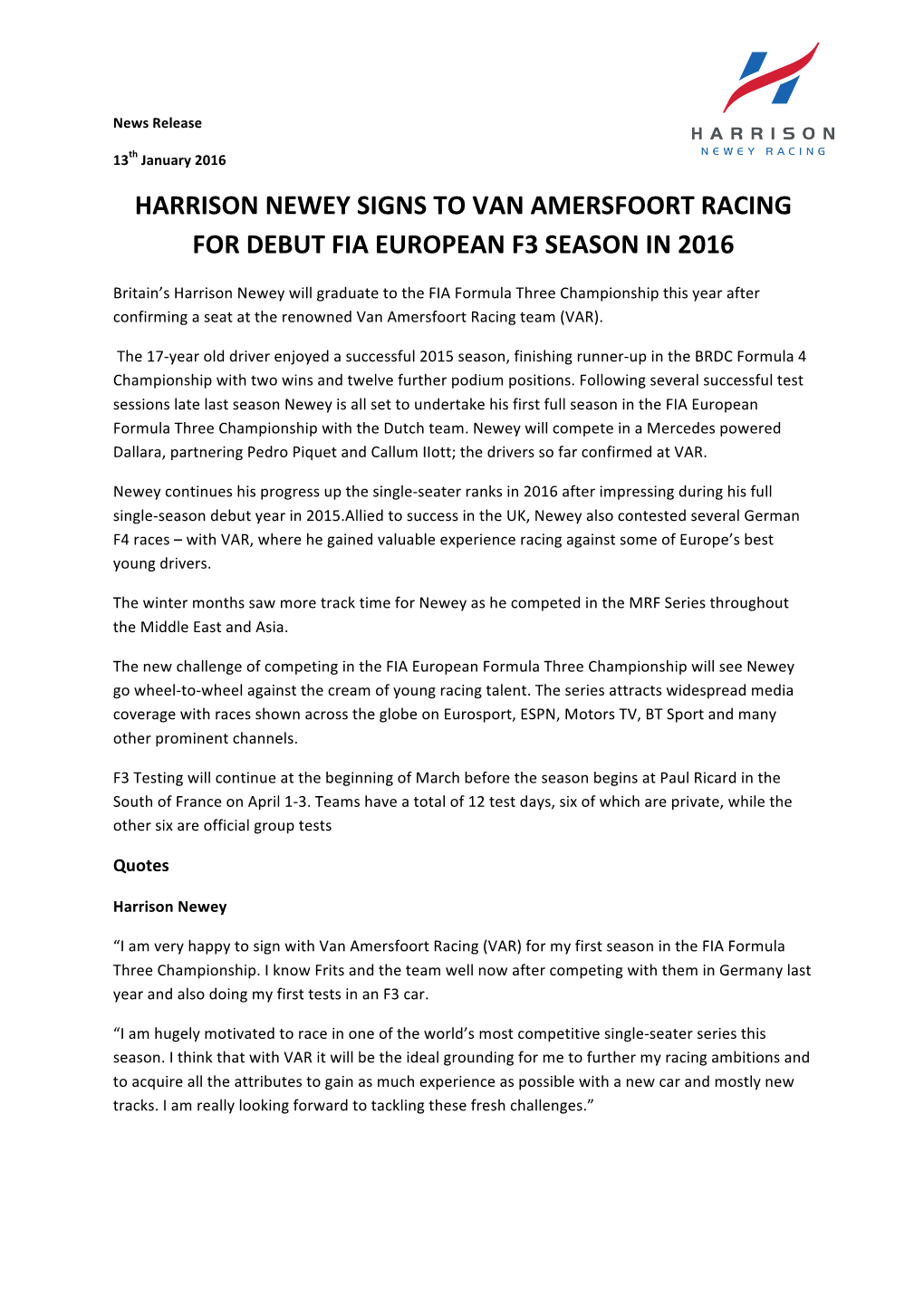 Harrison Newey Signs to Van Amersfoort Racing for Debut Fia European F3 Season in 2016