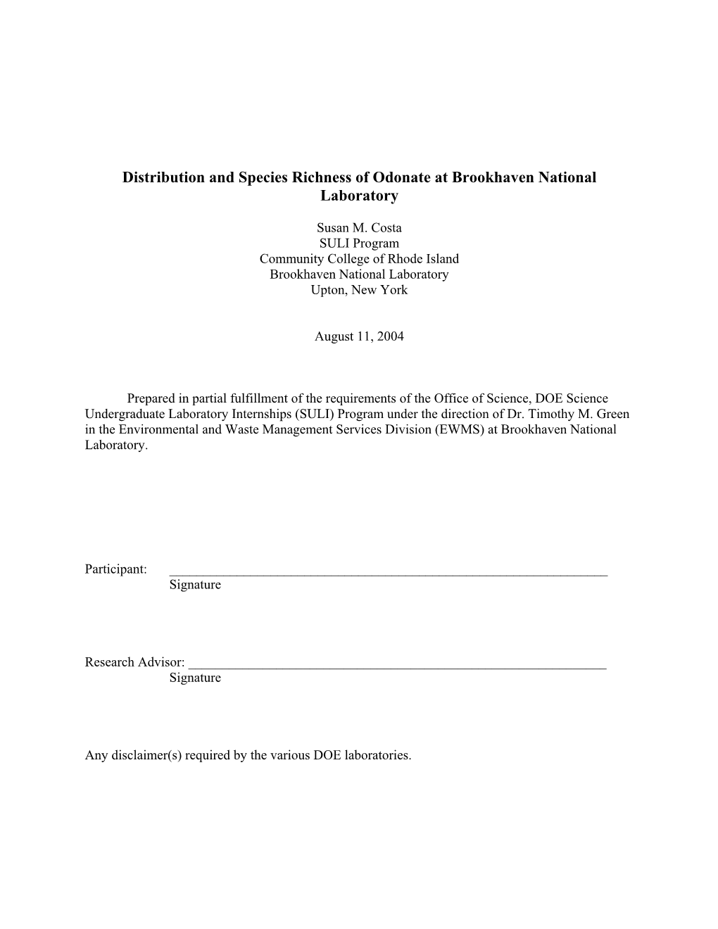 Distribution and Species Richness of Odonate at Brookhaven National Laboratory