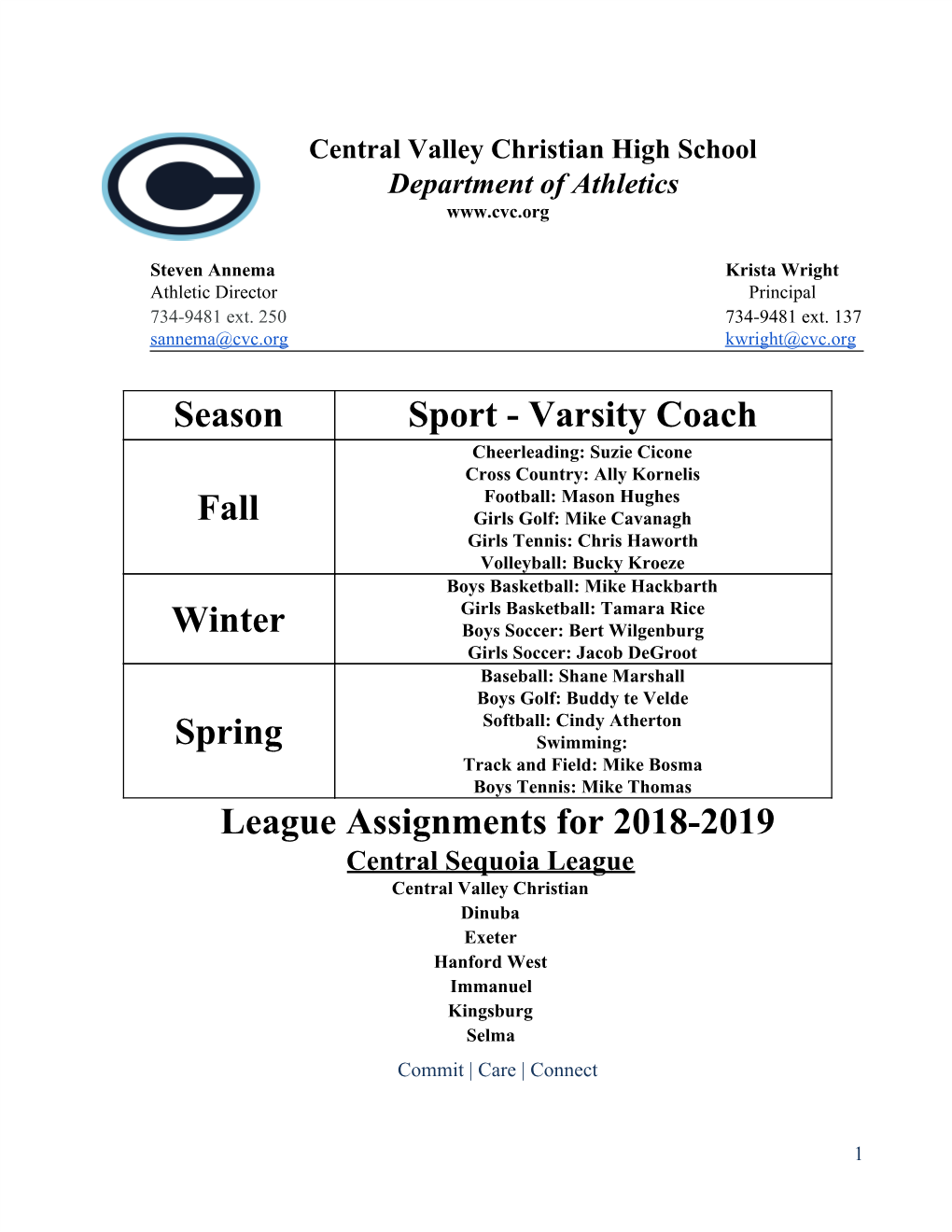 Varsity Coach Fall Winter Spring League Assignments for 2018-2019