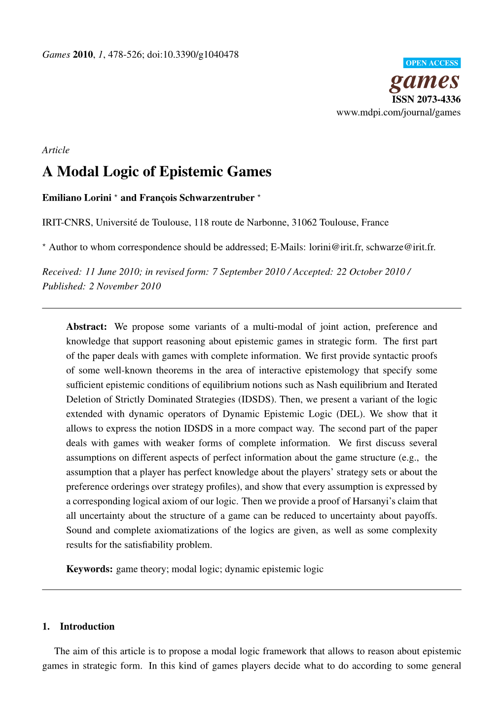 A Modal Logic of Epistemic Games