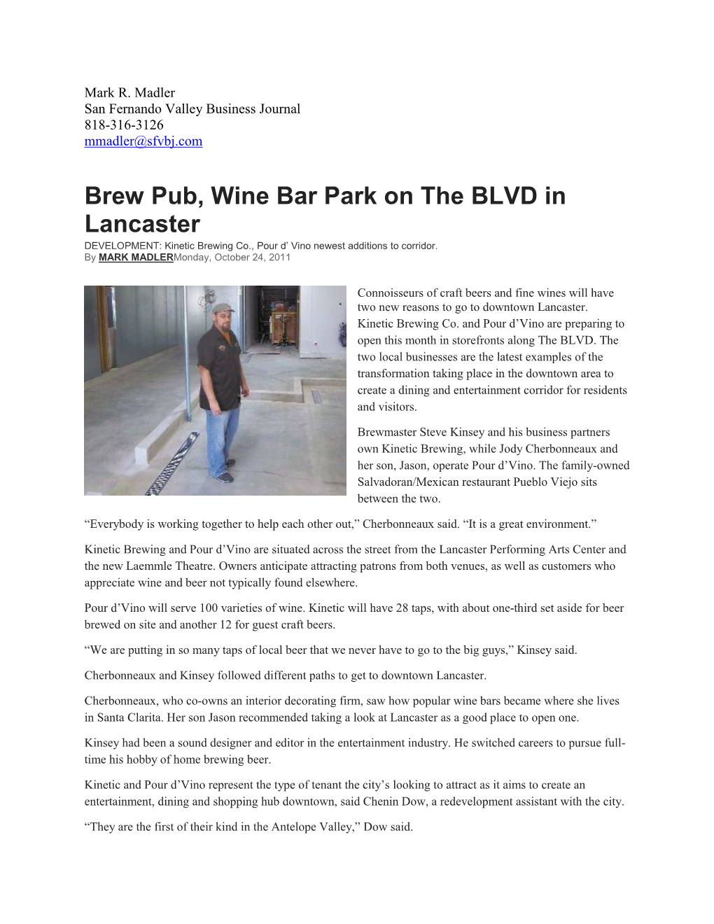 Brew Pub, Wine Bar Park on the BLVD in Lancaster DEVELOPMENT: Kinetic Brewing Co., Pour D’ Vino Newest Additions to Corridor