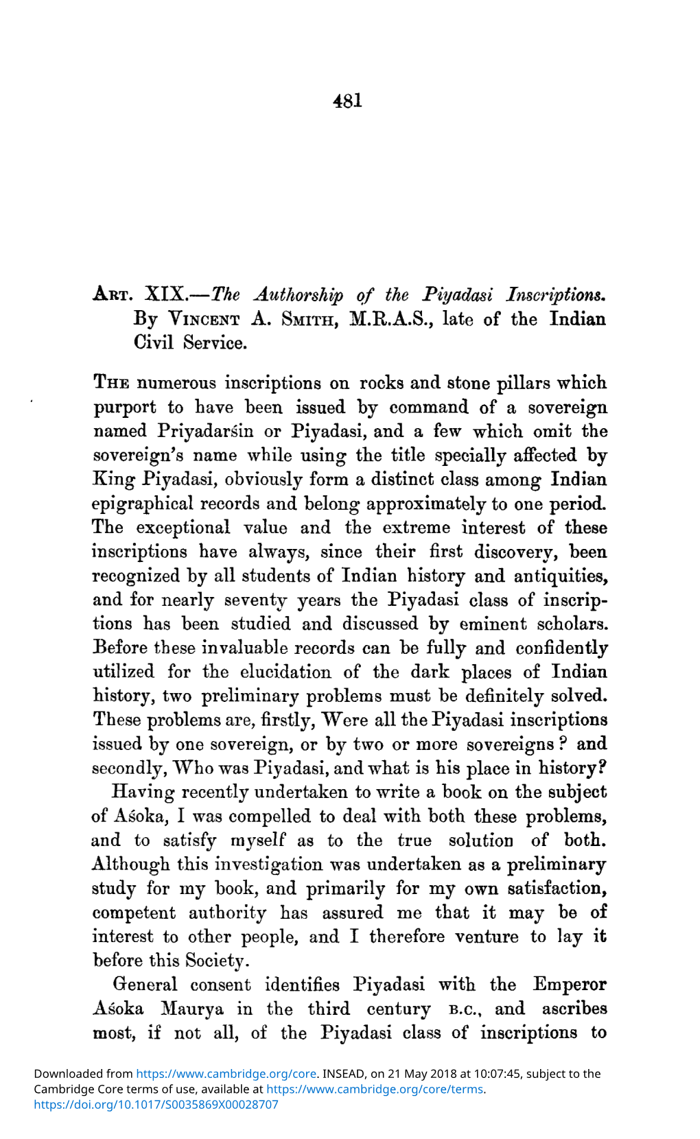 ART. XIX.—The Authorship of the Piyadasi Inscriptions. by VINCENT A