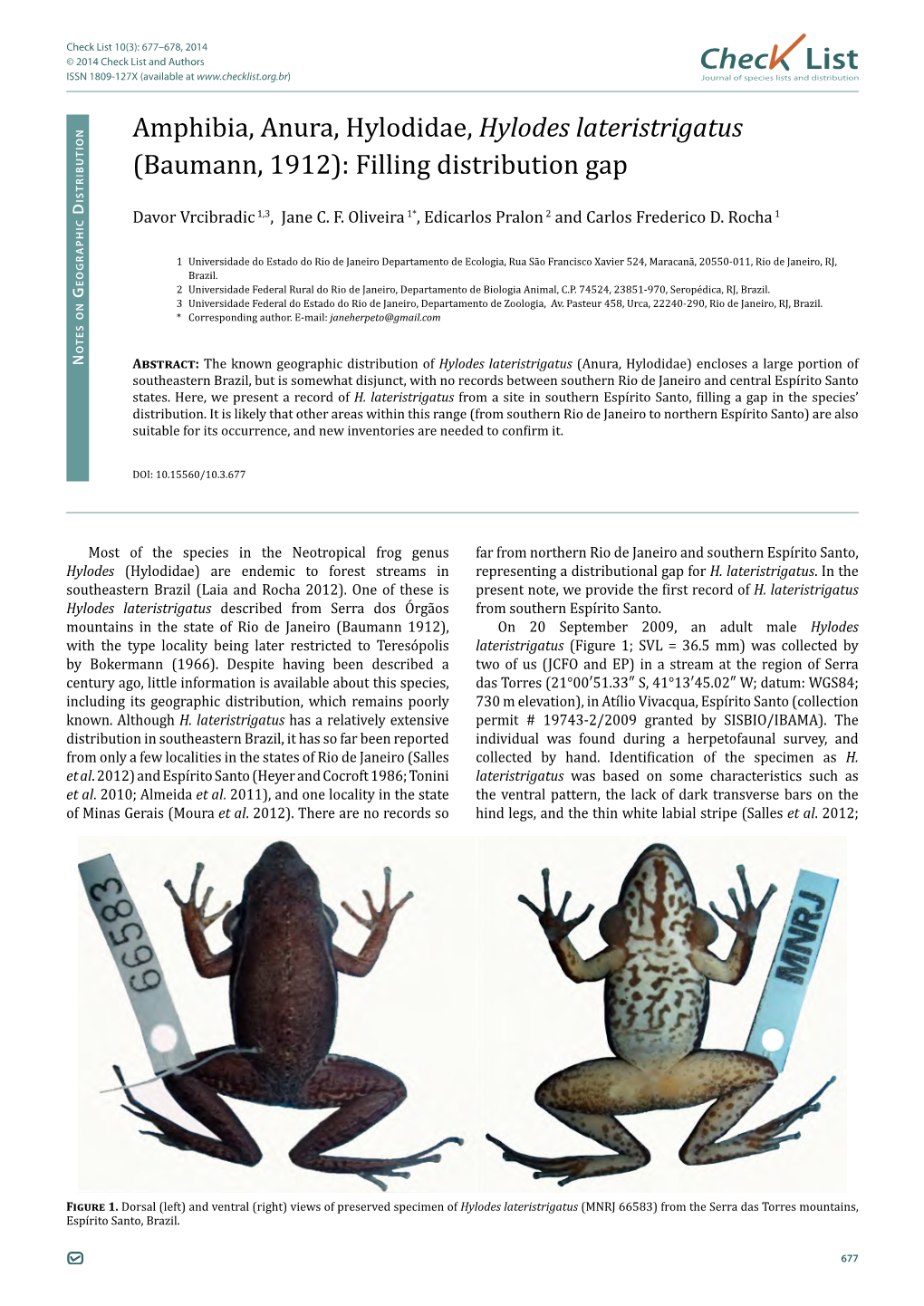 Hylodes Lateristrigatus (Baumann, 1912): Filling Distribution Gap Istributio