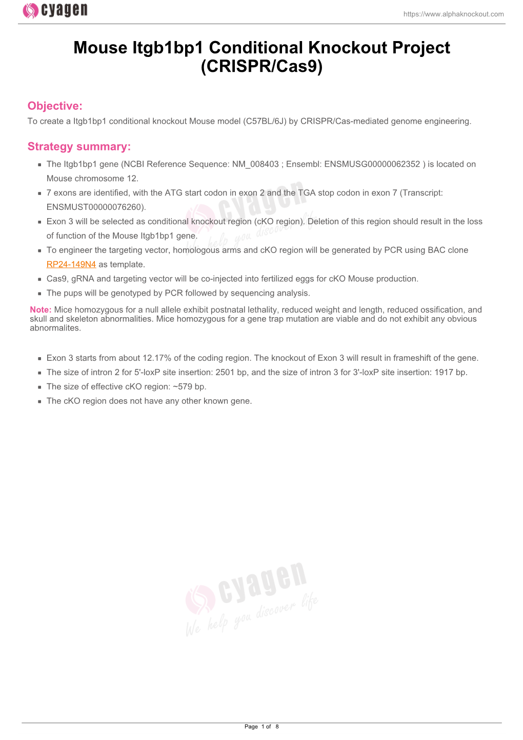 Mouse Itgb1bp1 Conditional Knockout Project (CRISPR/Cas9)