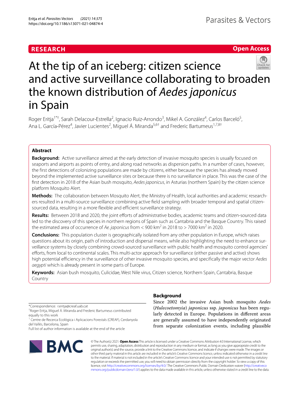 At the Tip of an Iceberg: Citizen Science and Active Surveillance Collaborating to Broaden the Known Distribution of Aedes Japon