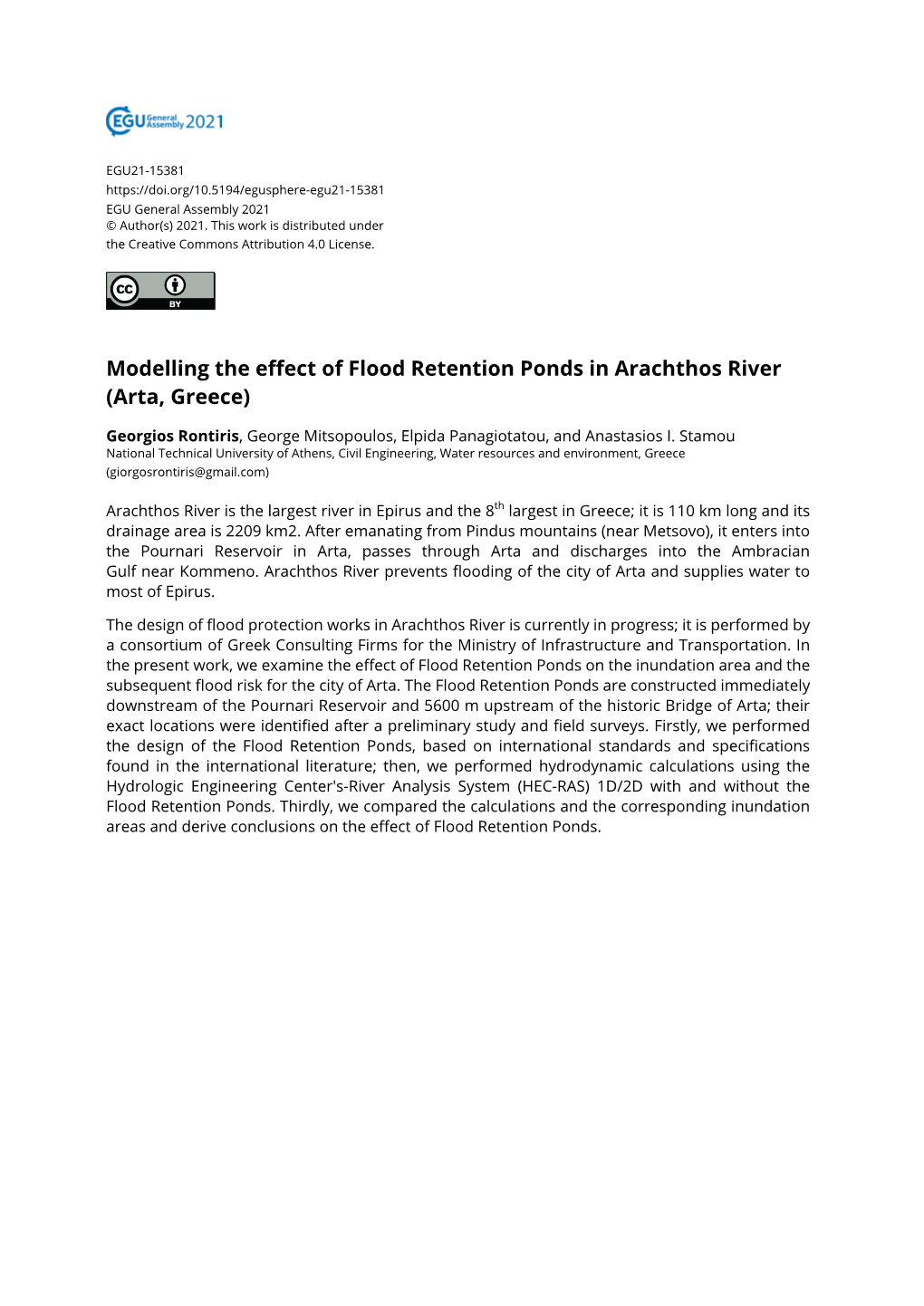 Modelling the Effect of Flood Retention Ponds in Arachthos River (Arta, Greece)