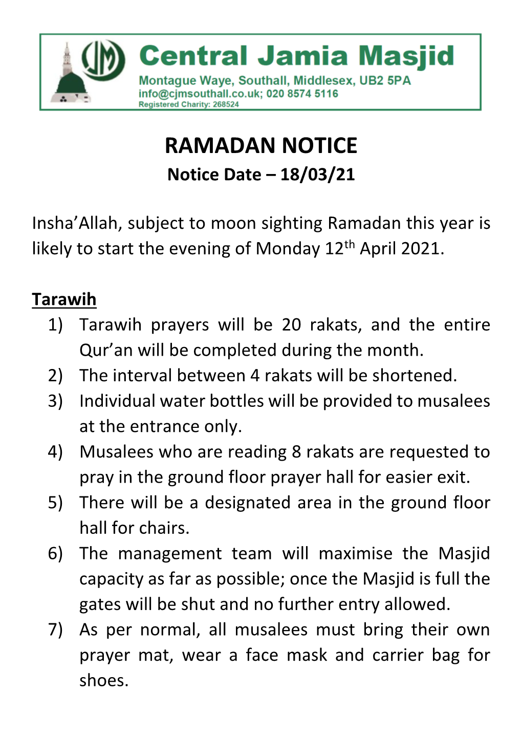 RAMADAN NOTICE Notice Date – 18/03/21