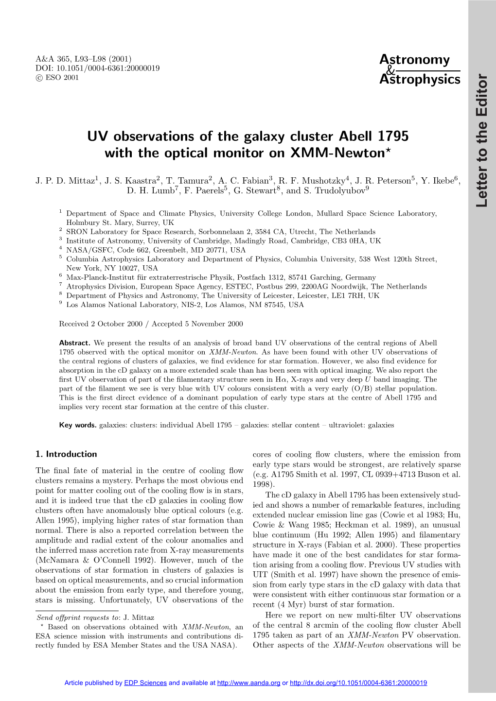 UV Observations of the Galaxy Cluster Abell 1795 with the Optical Monitor on XMM-Newton?