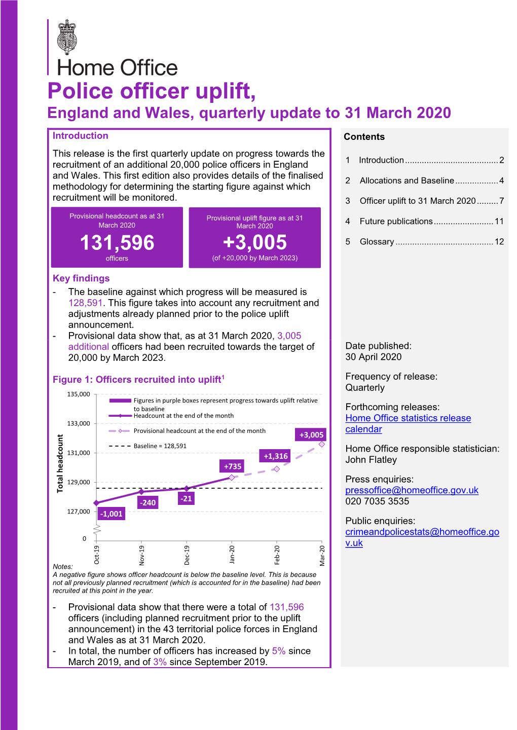 Police Officer Uplift, England and Wales, Quarterly Update to 31 March 2020