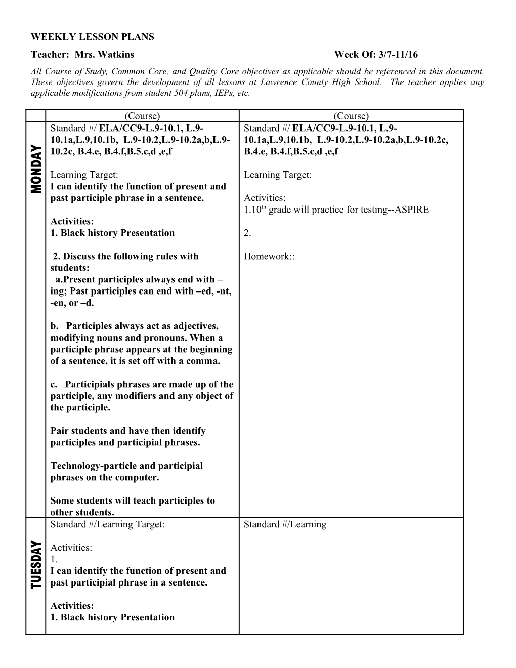 Weekly Lesson Plans