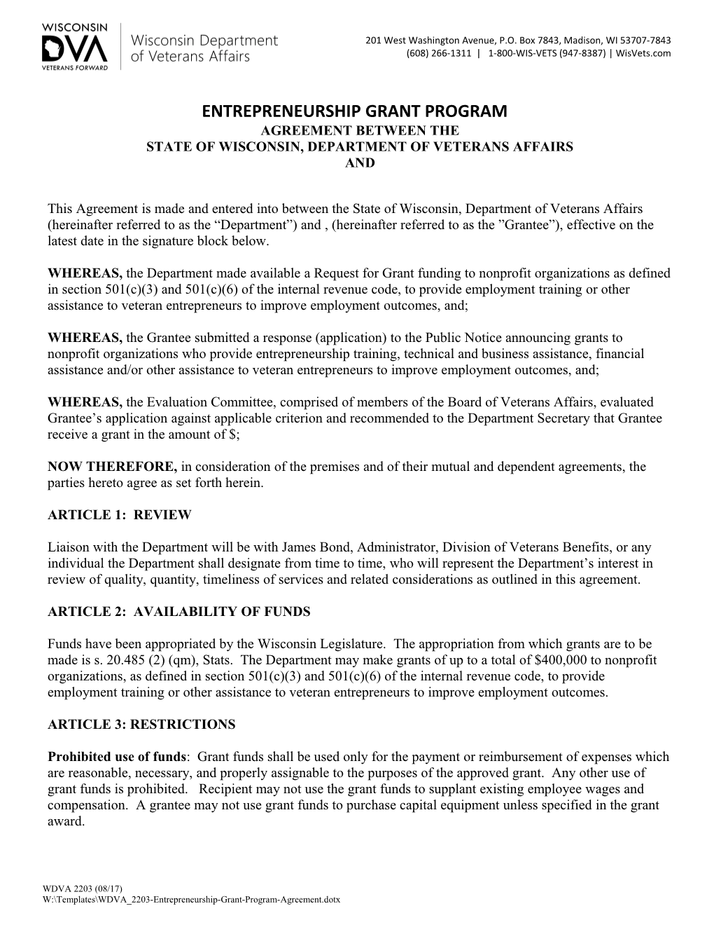 WDVA 2203 Entrepreneurship Grant Program Agreement