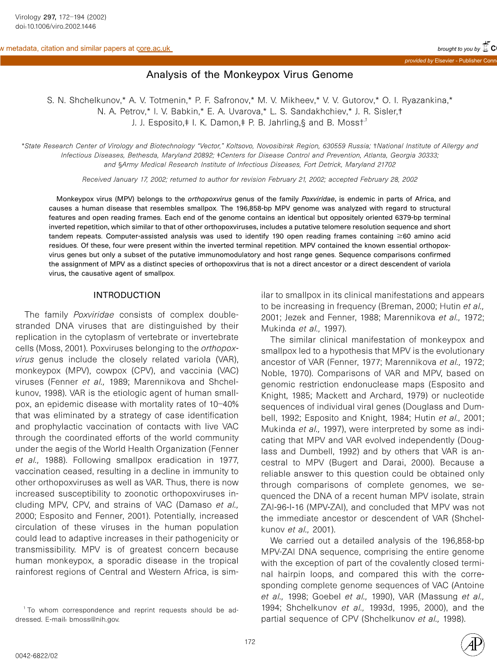 Analysis of the Monkeypox Virus Genome