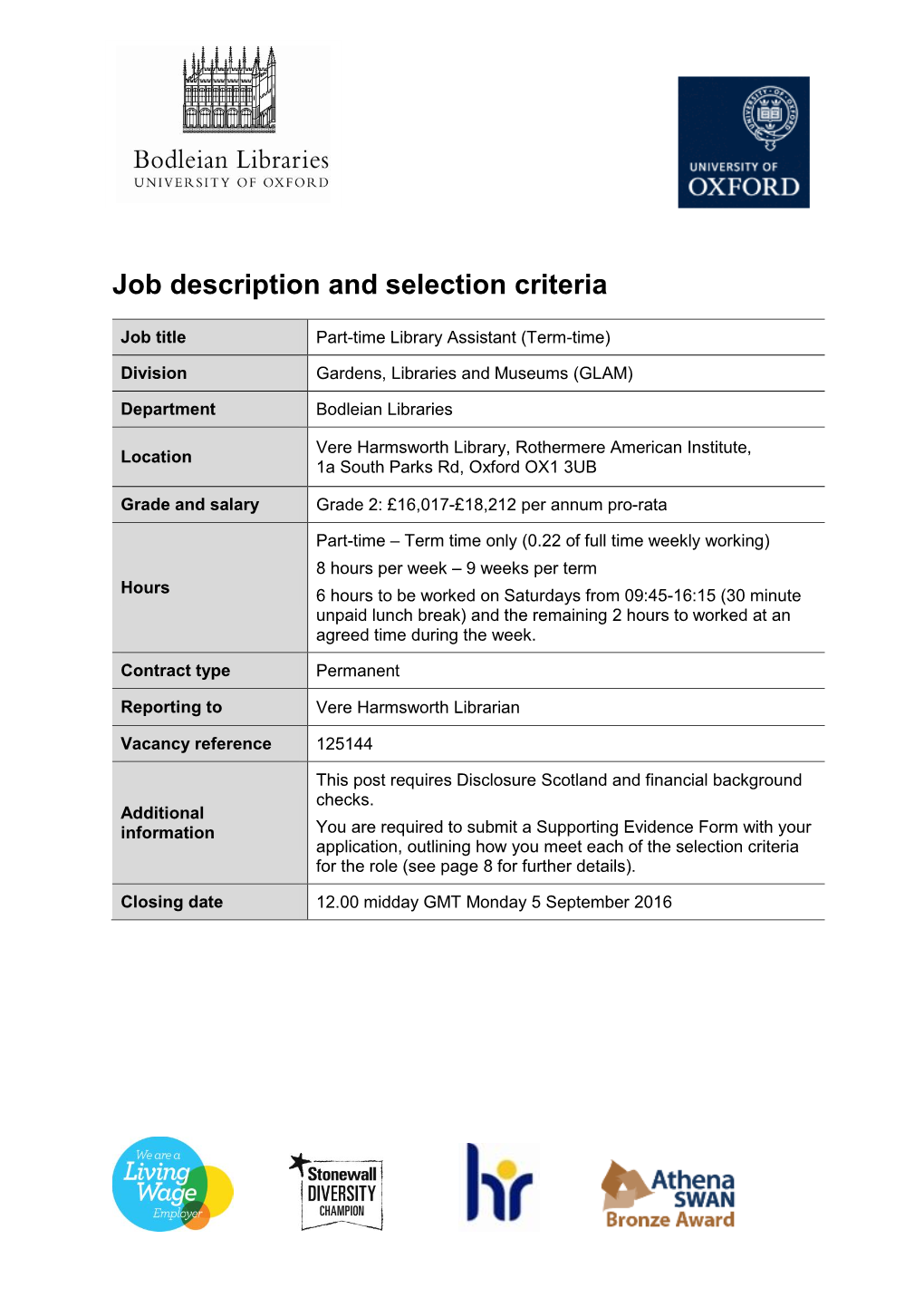 Job Description and Selection Criteria