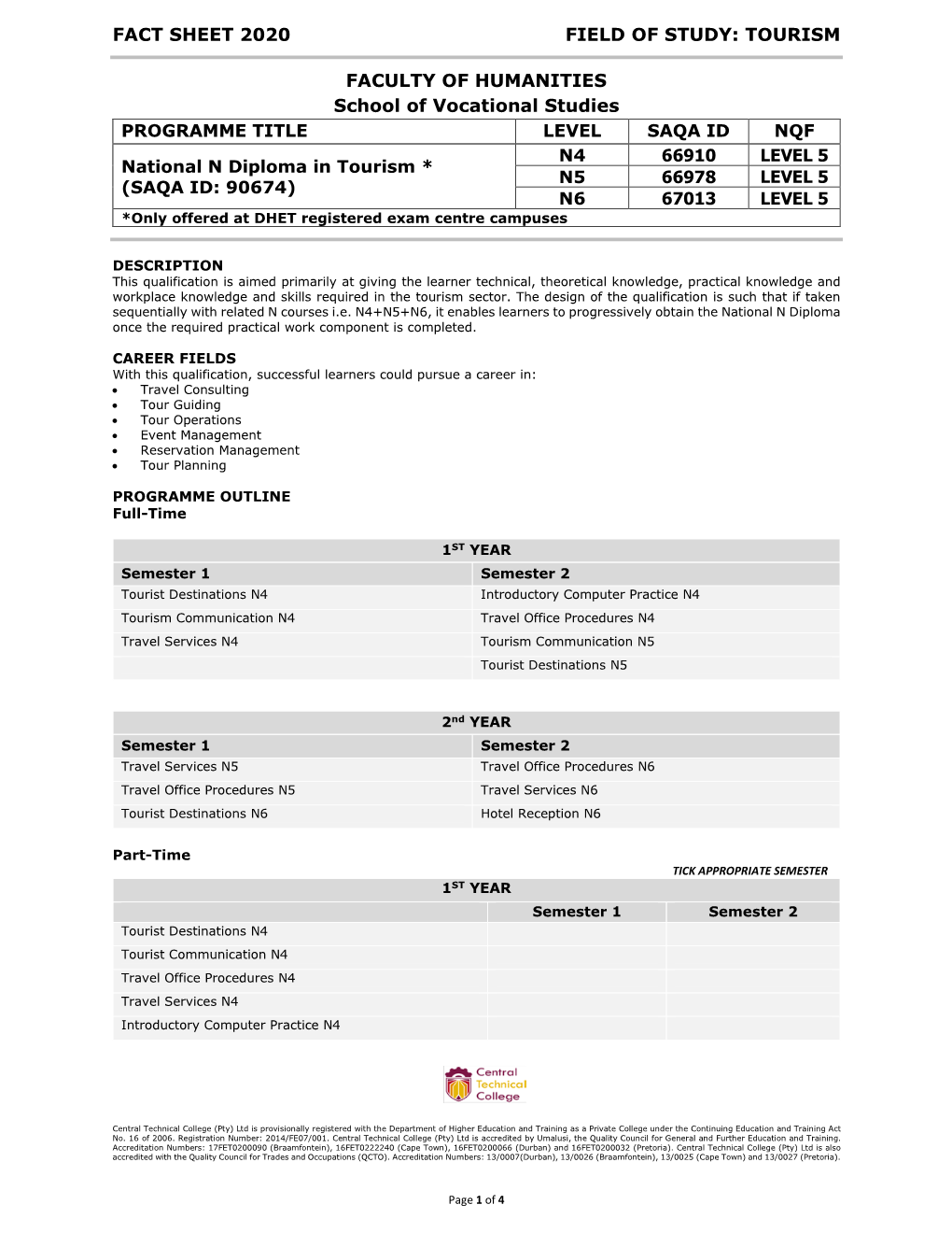 FACT SHEET 2020 FIELD of STUDY: TOURISM FACULTY of HUMANITIES School of Vocational Studies