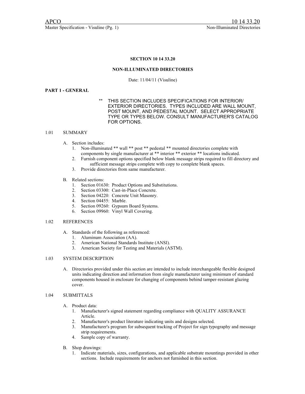 Master Specification - Visuline (Pg. 7) Non-Illuminated Directories