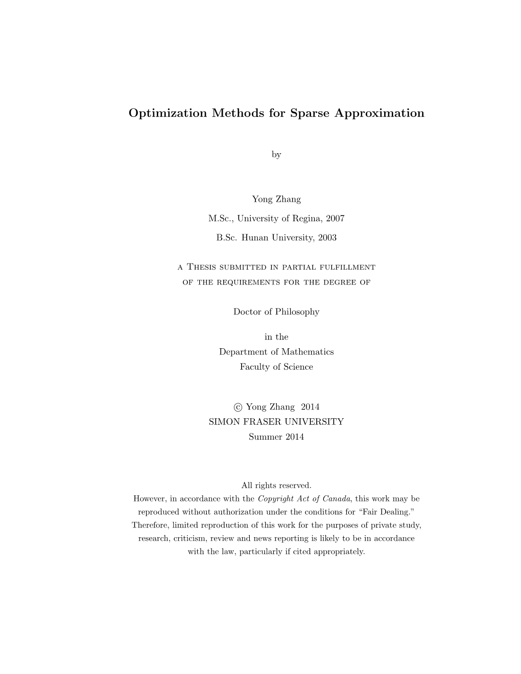 Optimization Methods for Sparse Approximation