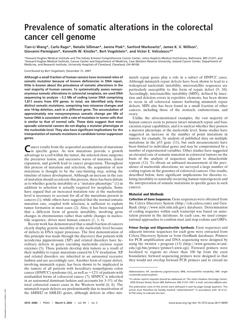 Prevalence of Somatic Alterations in the Colorectal Cancer Cell Genome