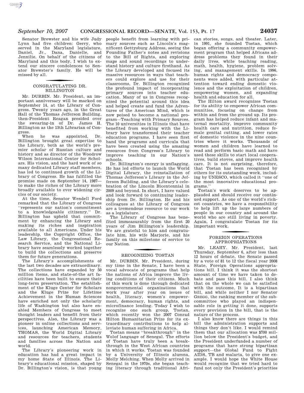 CONGRESSIONAL RECORD—SENATE, Vol. 153, Pt. 17 24037 Senator Brewster and His Wife Judy People Benefit from Learning with Pri- Can Stories, Songs, and Theater