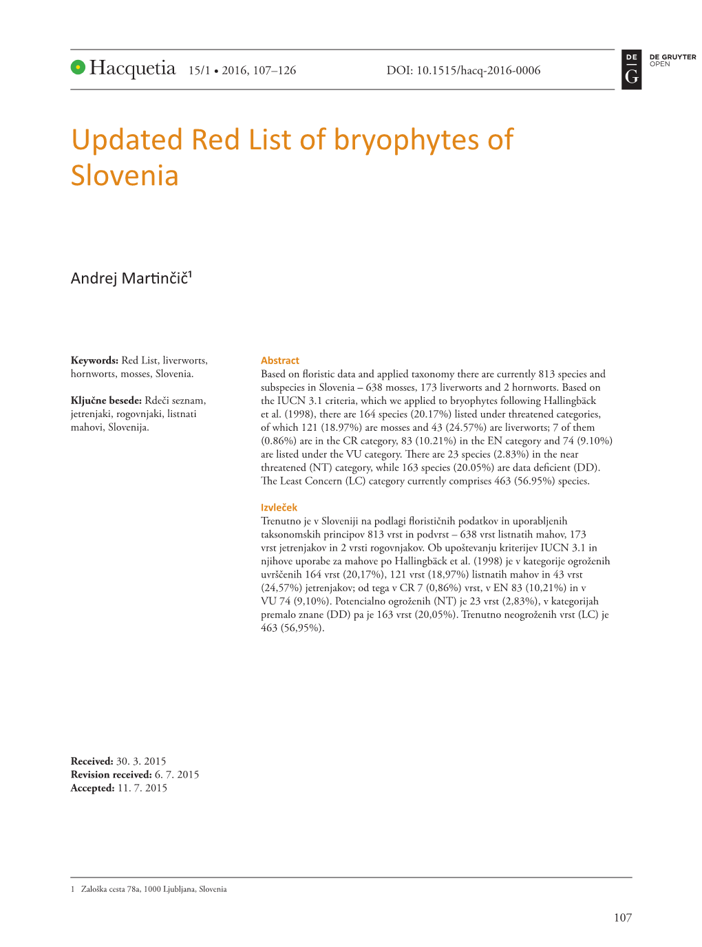 Updated Red List of Bryophytes of Slovenia