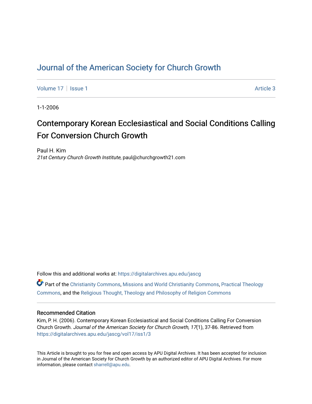 Contemporary Korean Ecclesiastical and Social Conditions Calling for Conversion Church Growth