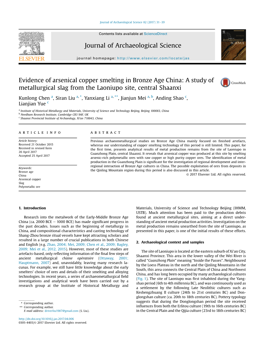 Evidence of Arsenical Copper Smelting in Bronze Age China: a Study of Metallurgical Slag from the Laoniupo Site, Central Shaanxi