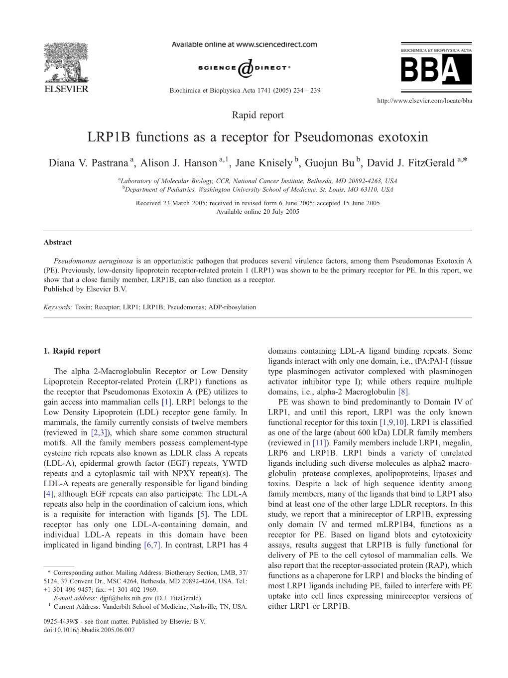 LRP1B Functions As a Receptor for Pseudomonas Exotoxin