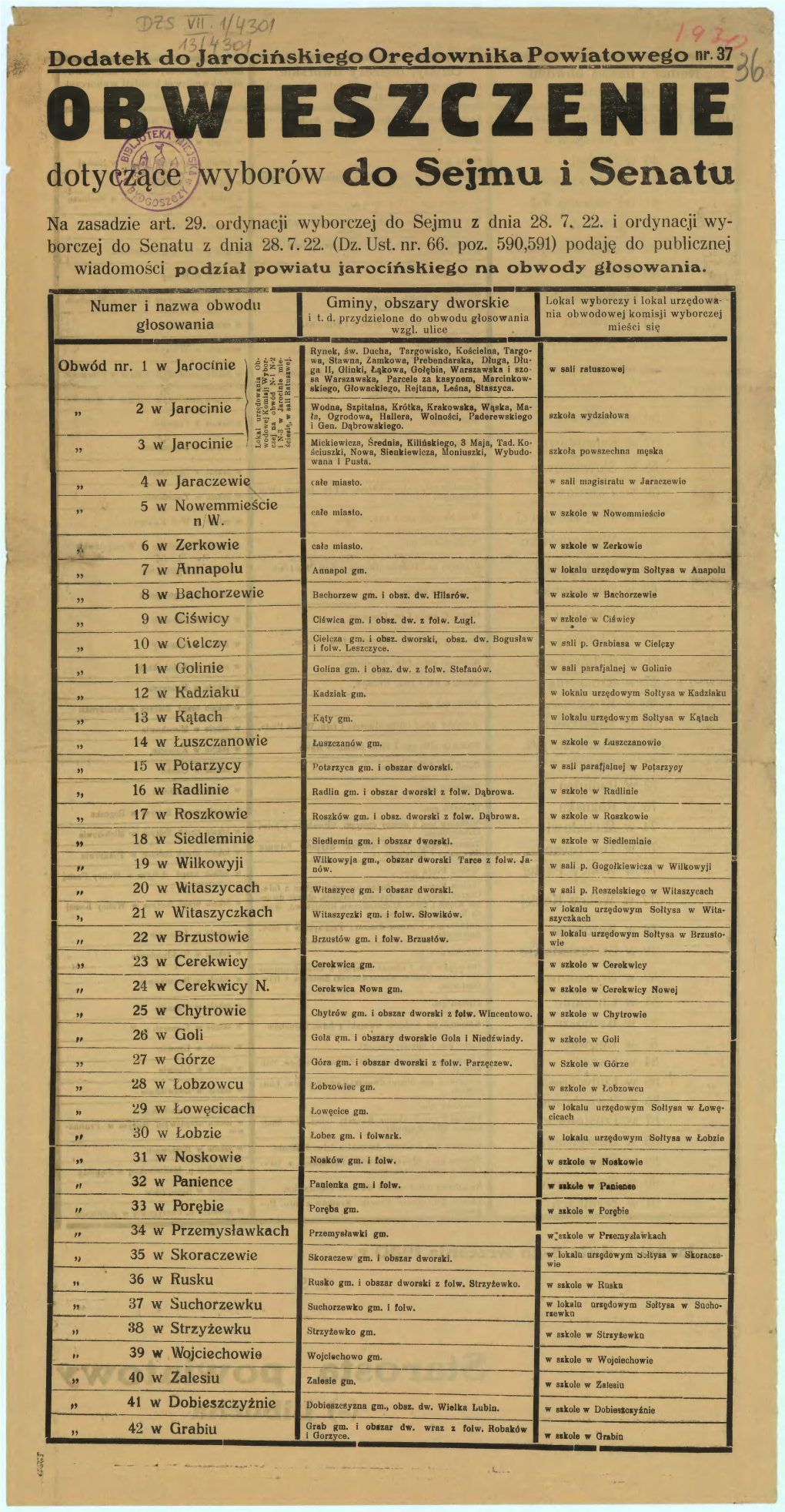 Obwieszczenie : Jarocin, Dnia 8-Go Września 1930 R. / Libucha