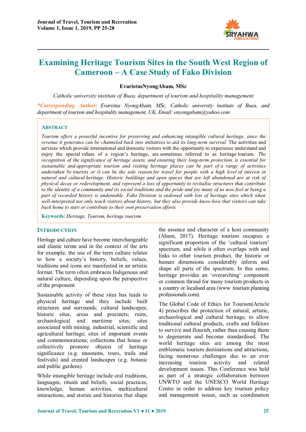 Examining Heritage Tourism Sites in the South West Region of Cameroon – a Case Study of Fako Division