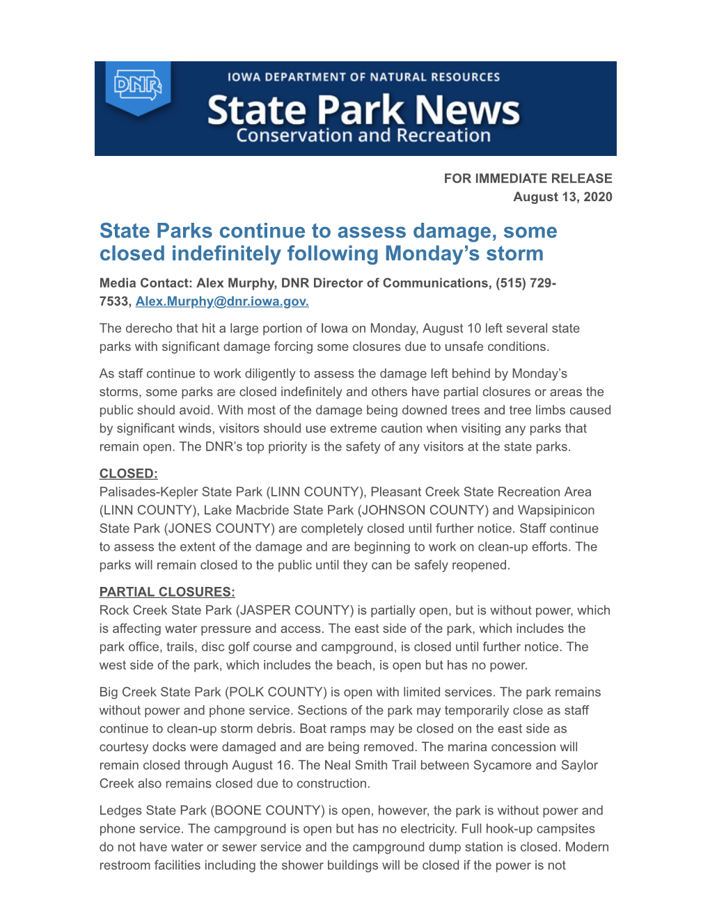 State Parks Continue to Assess Damage, Some Closed Indefinitely Following Monday's Storm