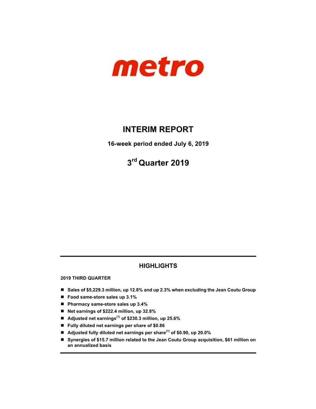 INTERIM REPORT 3Rd Quarter 2019