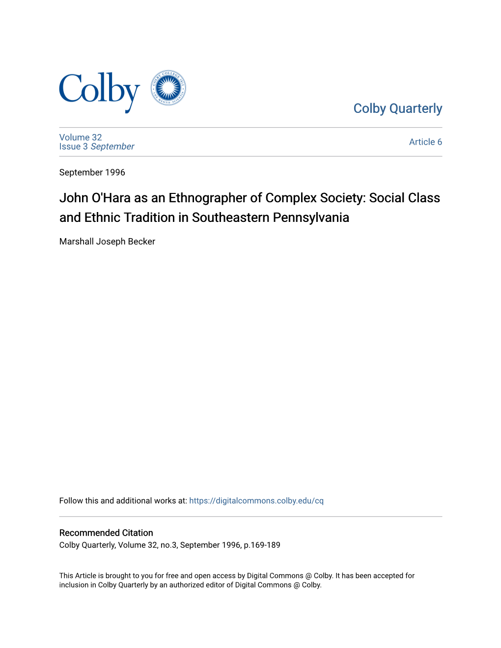 John O'hara As an Ethnographer of Complex Society: Social Class and Ethnic Tradition in Southeastern Pennsylvania