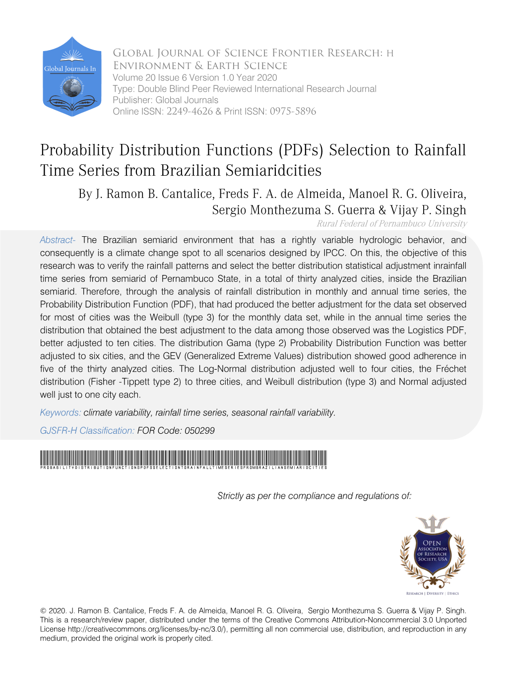 Probability Distribution Functions (Pdfs) Selection to Rainfall Time Series from Brazilian Semiaridcities by J