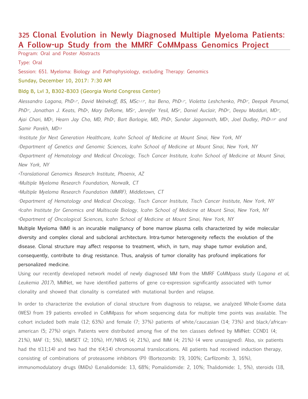 325 Clonal Evolution in Newly Diagnosed Multiple Myeloma Patients: a Follow-Up Study from the MMRF Commpass Genomics Project