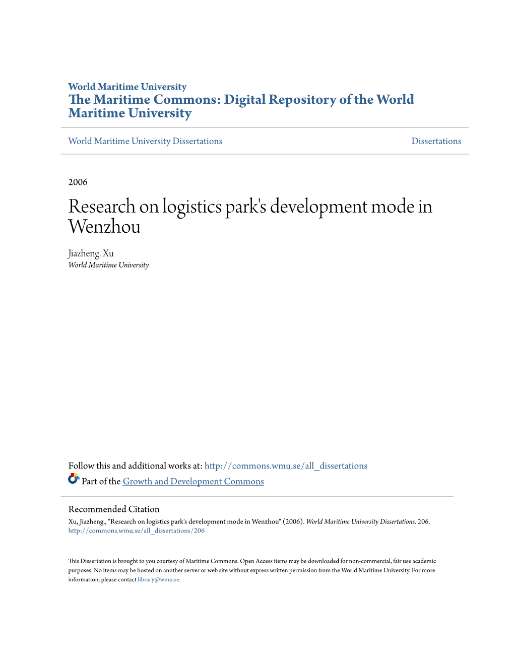 Research on Logistics Park's Development Mode in Wenzhou Jiazheng