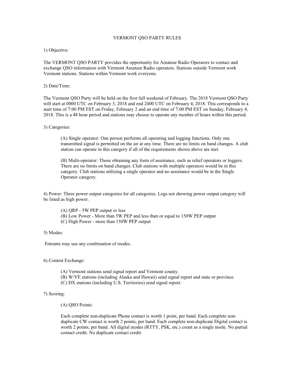 VERMONT QSO Party Rules