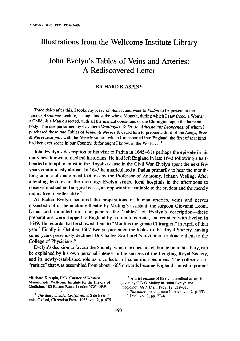 John Evelyn's Tables of Veins and Arteries: a Rediscovered Letter