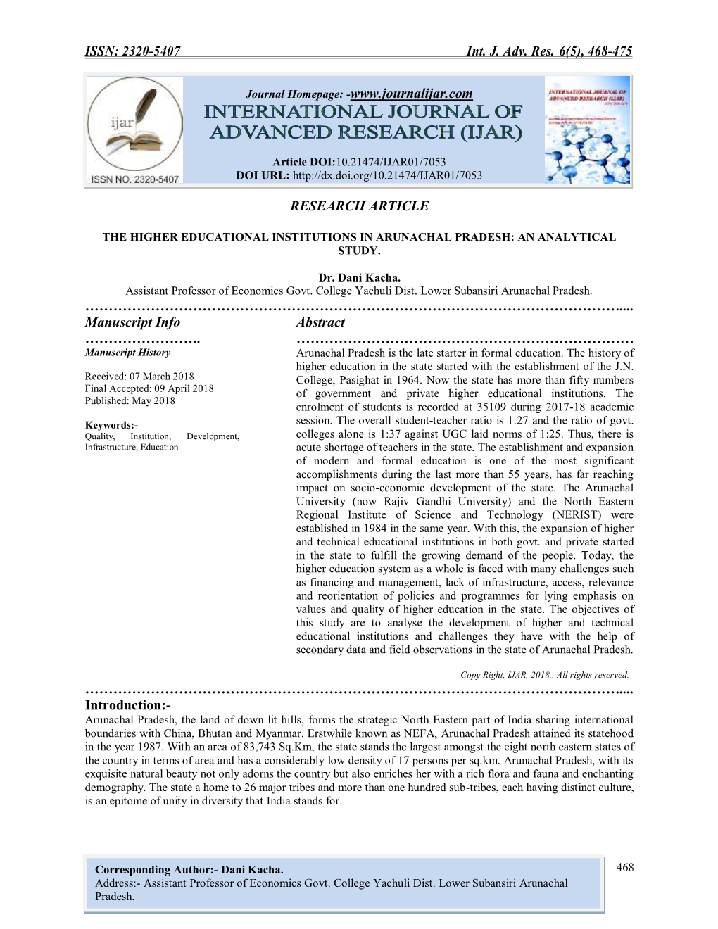 ISSN: 2320-5407 Int. J. Adv. Res. 6(5), 468-475 RESEARCH ARTICLE