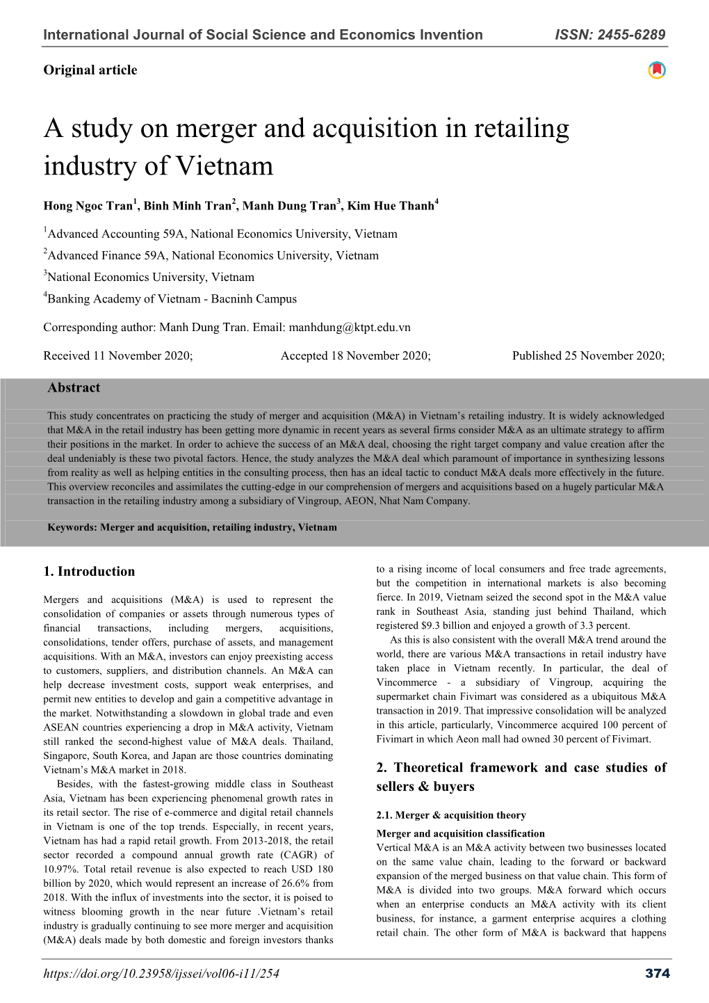 A Study on Merger and Acquisition in Retailing Industry of Vietnam