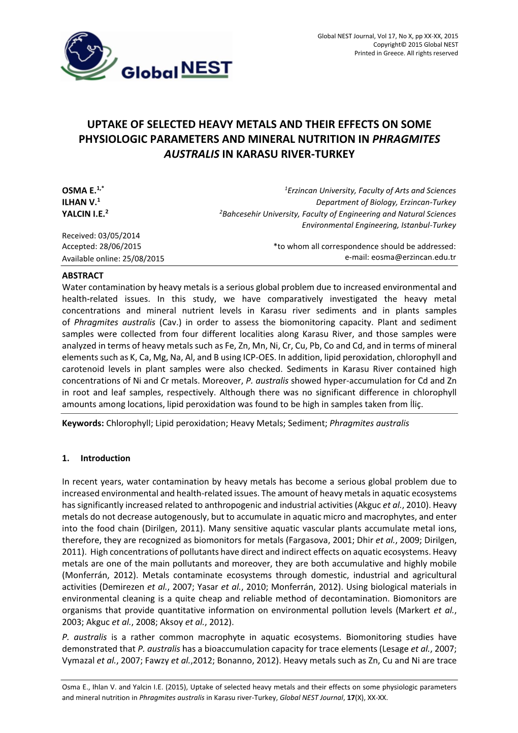 Uptake of Selected Heavy Metals and Their Effects on Some Physiologic Parameters and Mineral Nutrition in Phragmites Australis in Karasu River-Turkey