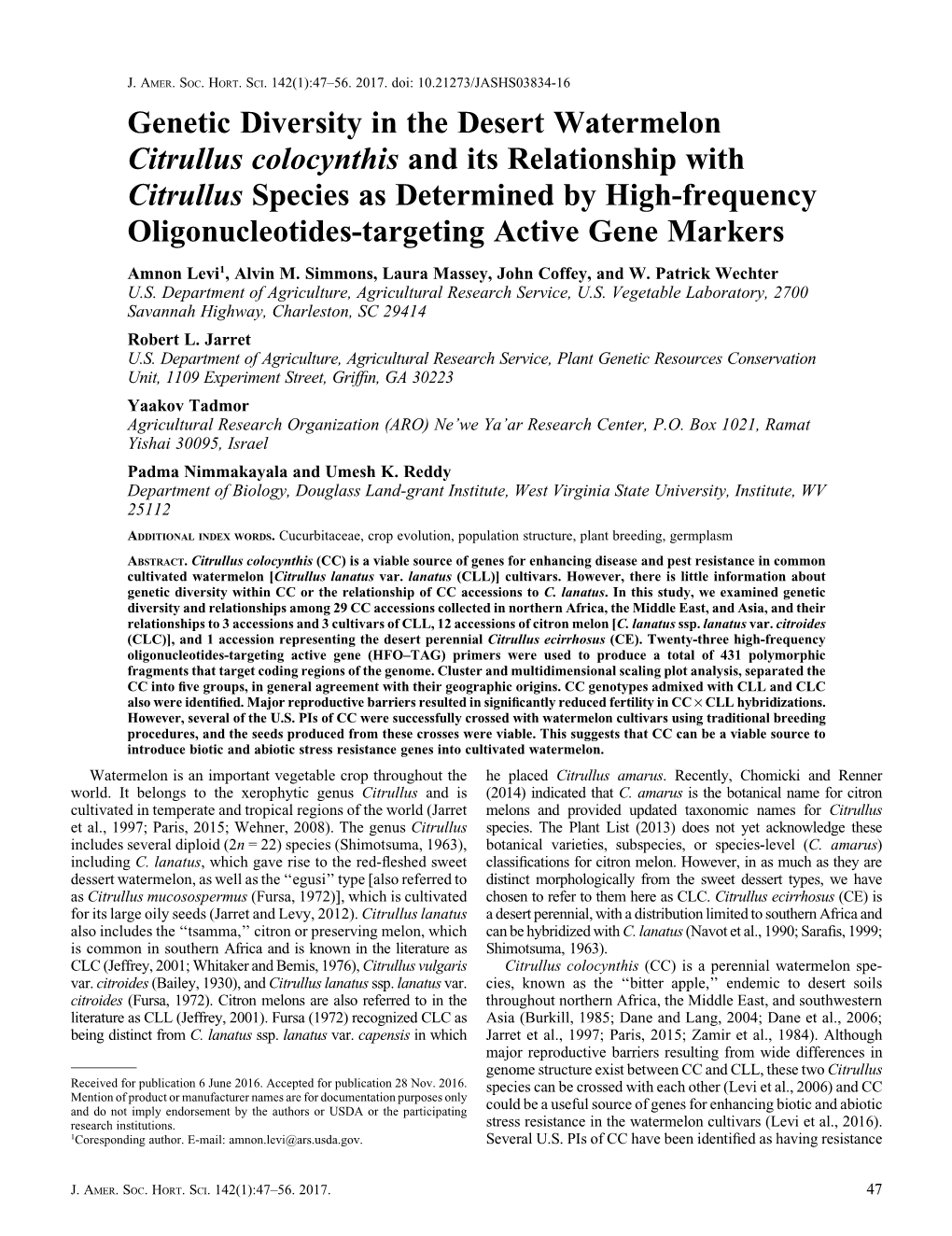 Genetic Diversity in the Desert Watermelon Citrullus Colocynthis