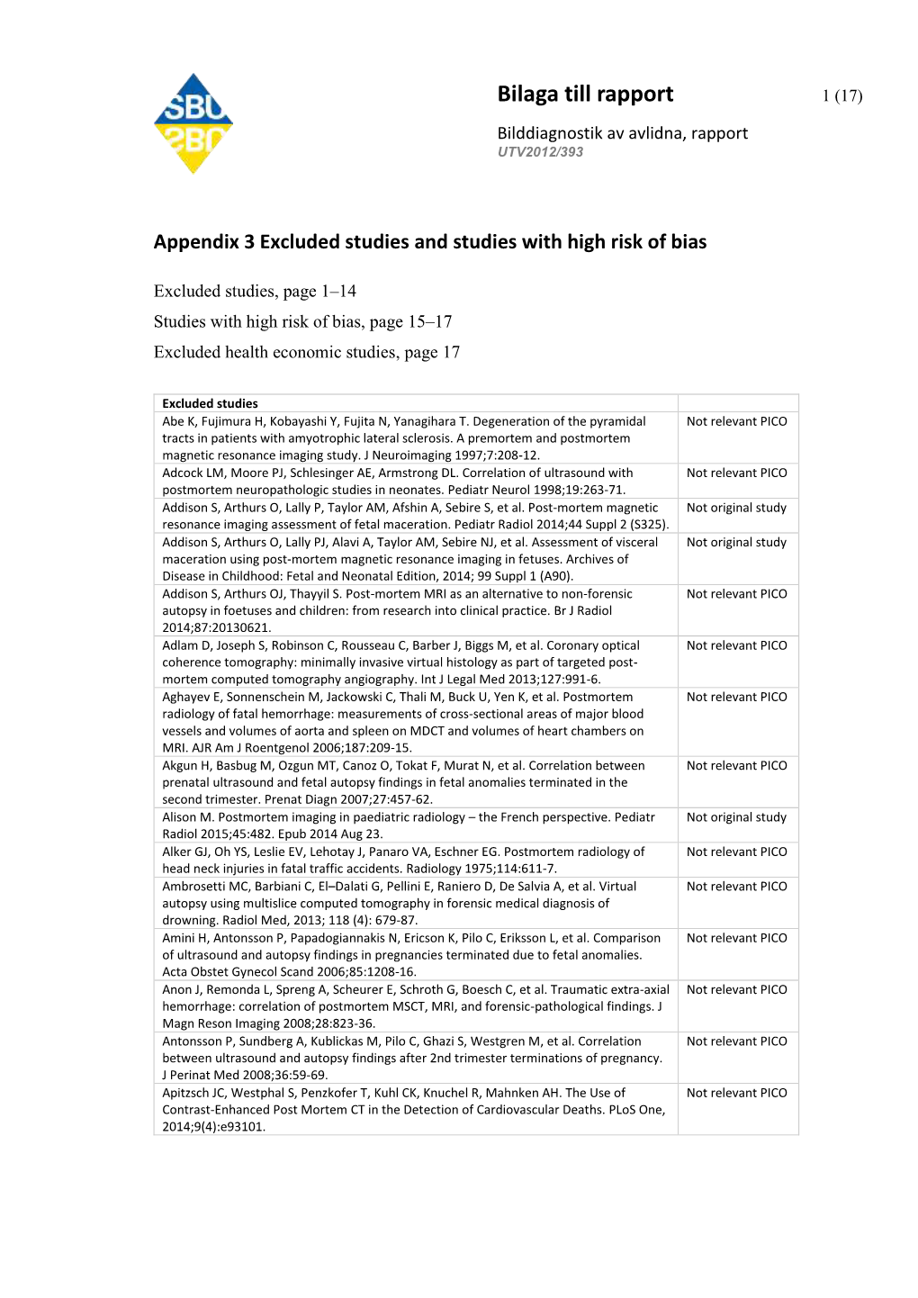 Bilaga Till Rapport 1 (17) Bilddiagnostik Av Avlidna, Rapport UTV2012/393