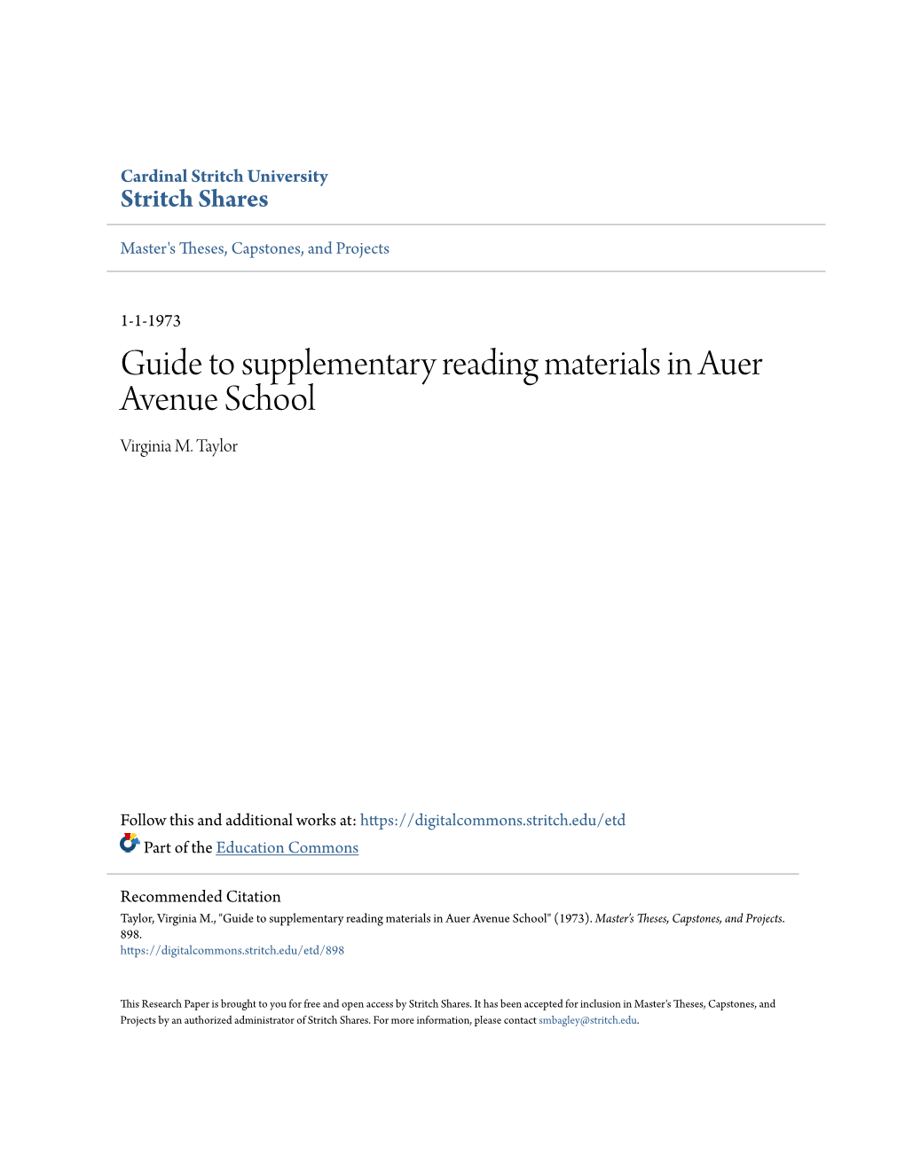 Guide to Supplementary Reading Materials in Auer Avenue School Virginia M