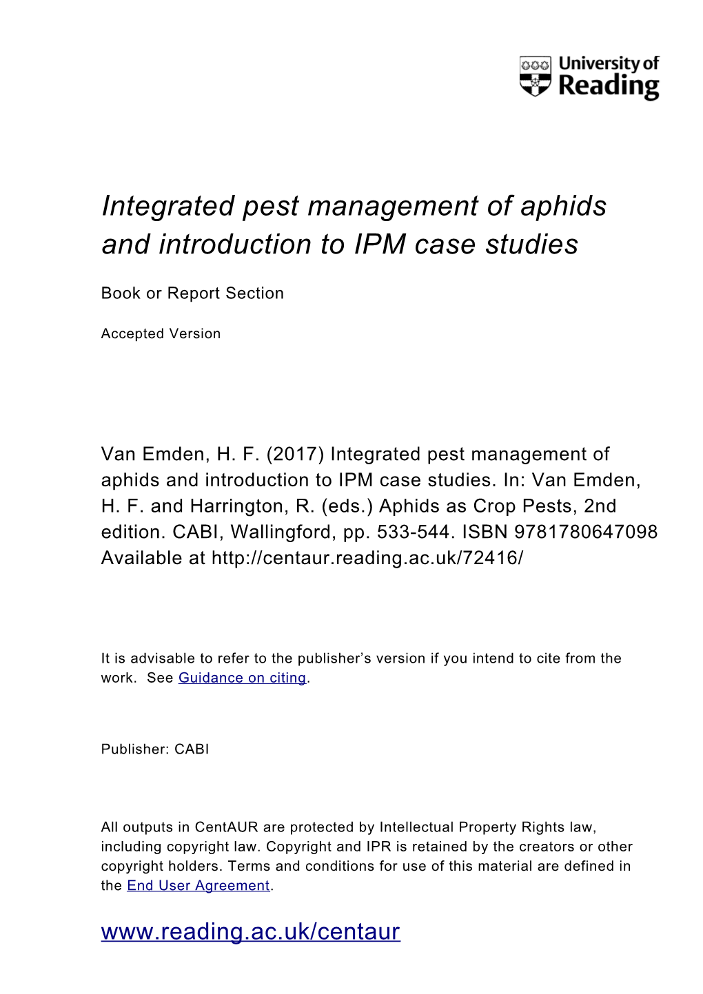Integrated Pest Management of Aphids and Introduction to IPM Case Studies