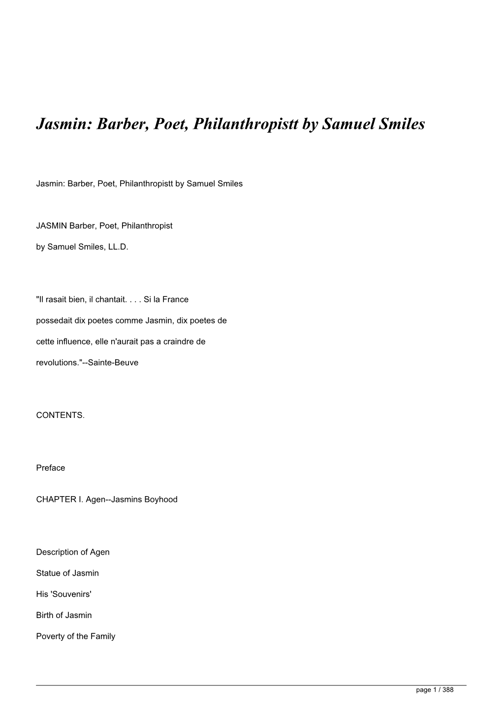 Jasmin: Barber, Poet, Philanthropistt by Samuel Smiles
