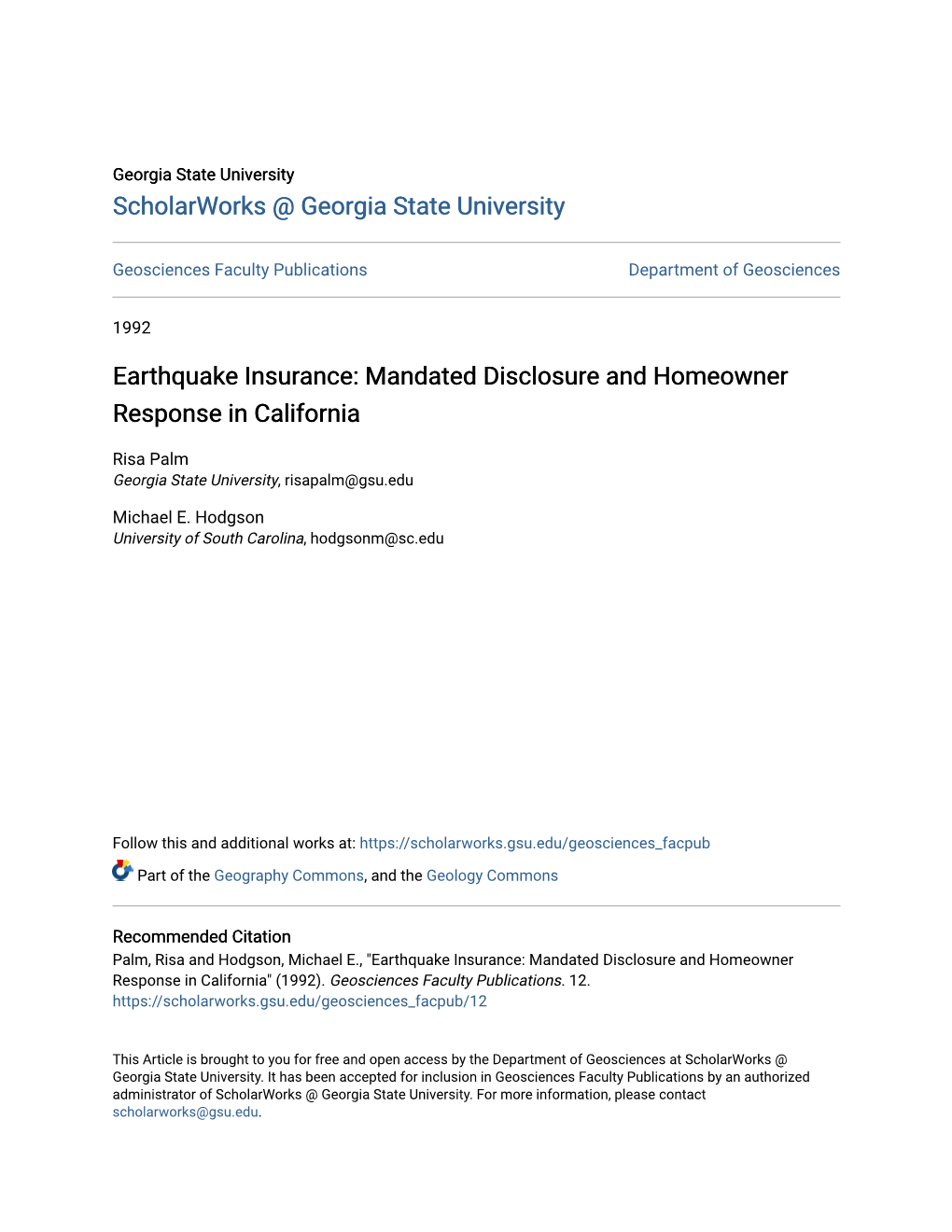 Earthquake Insurance: Mandated Disclosure and Homeowner Response in California