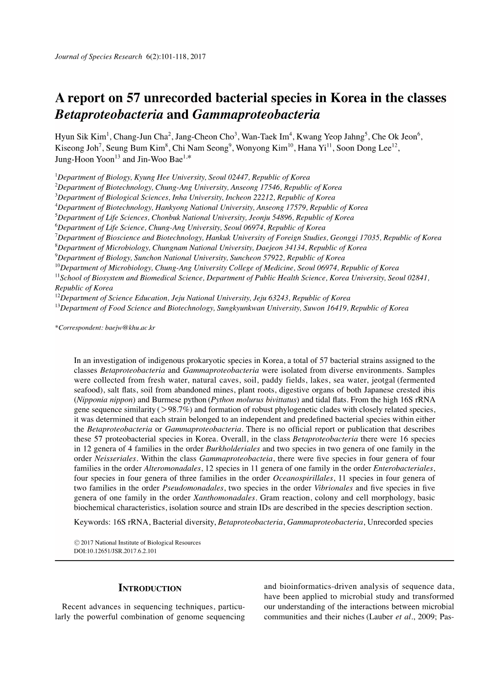 A Report on 57 Unrecorded Bacterial Species in Korea in the Classes Betaproteobacteria and Gammaproteobacteria