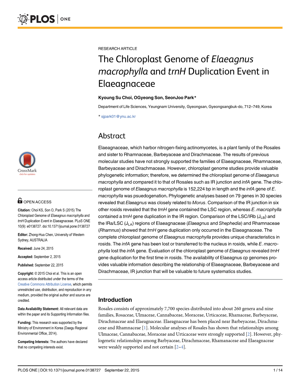 The Chloroplast Genome of Elaeagnus Macrophylla and Trnh Duplication Event in Elaeagnaceae